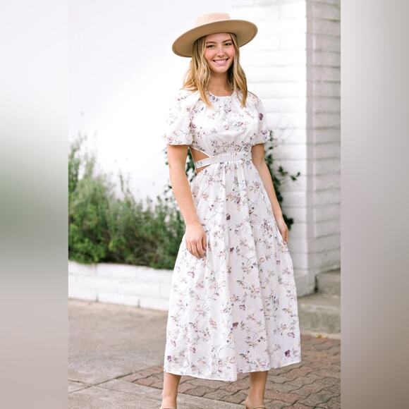 Storia Midi Dress Floral Embroidered Open Back Puff Sleeve Womens Size M - Picture 3 of 11